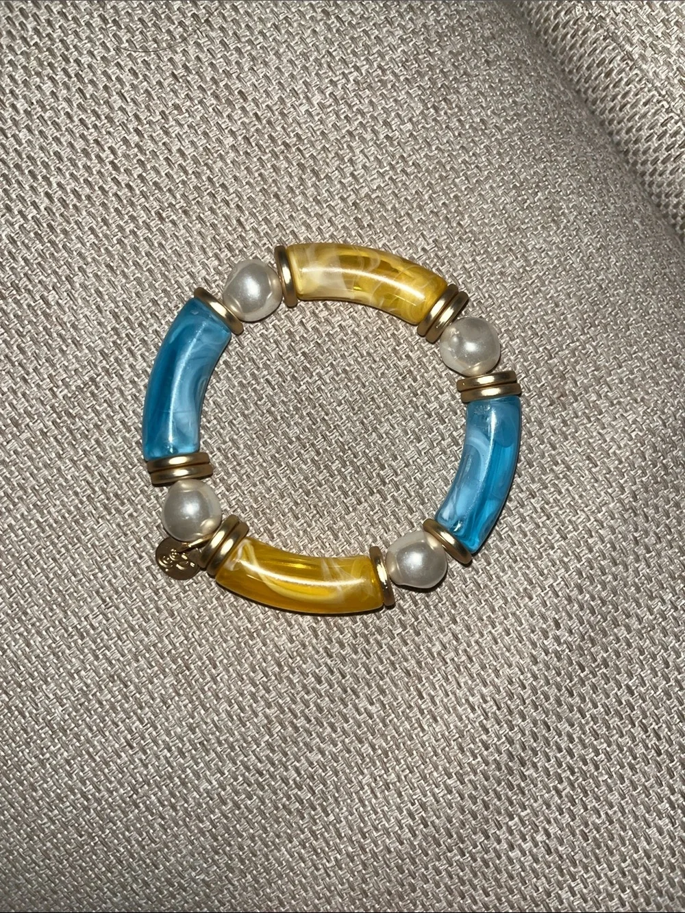 Plunder Blue and Yellow Bead Stretch Bracelet with Pearl and Gold Accents
